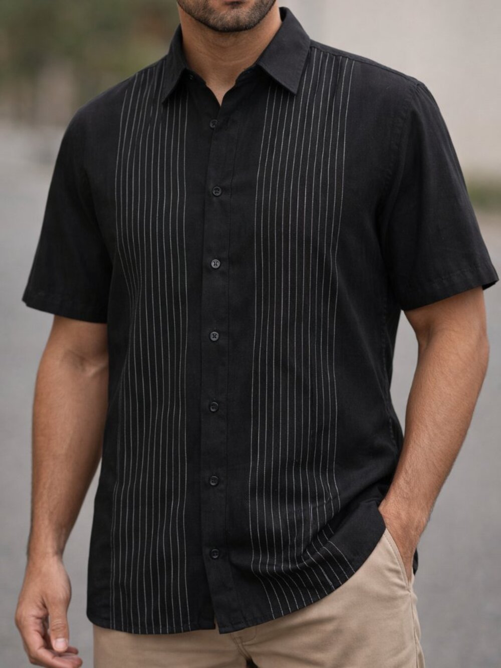 Havanera Co Black Short Sleeve Button Up Shirt Small Pinstripes